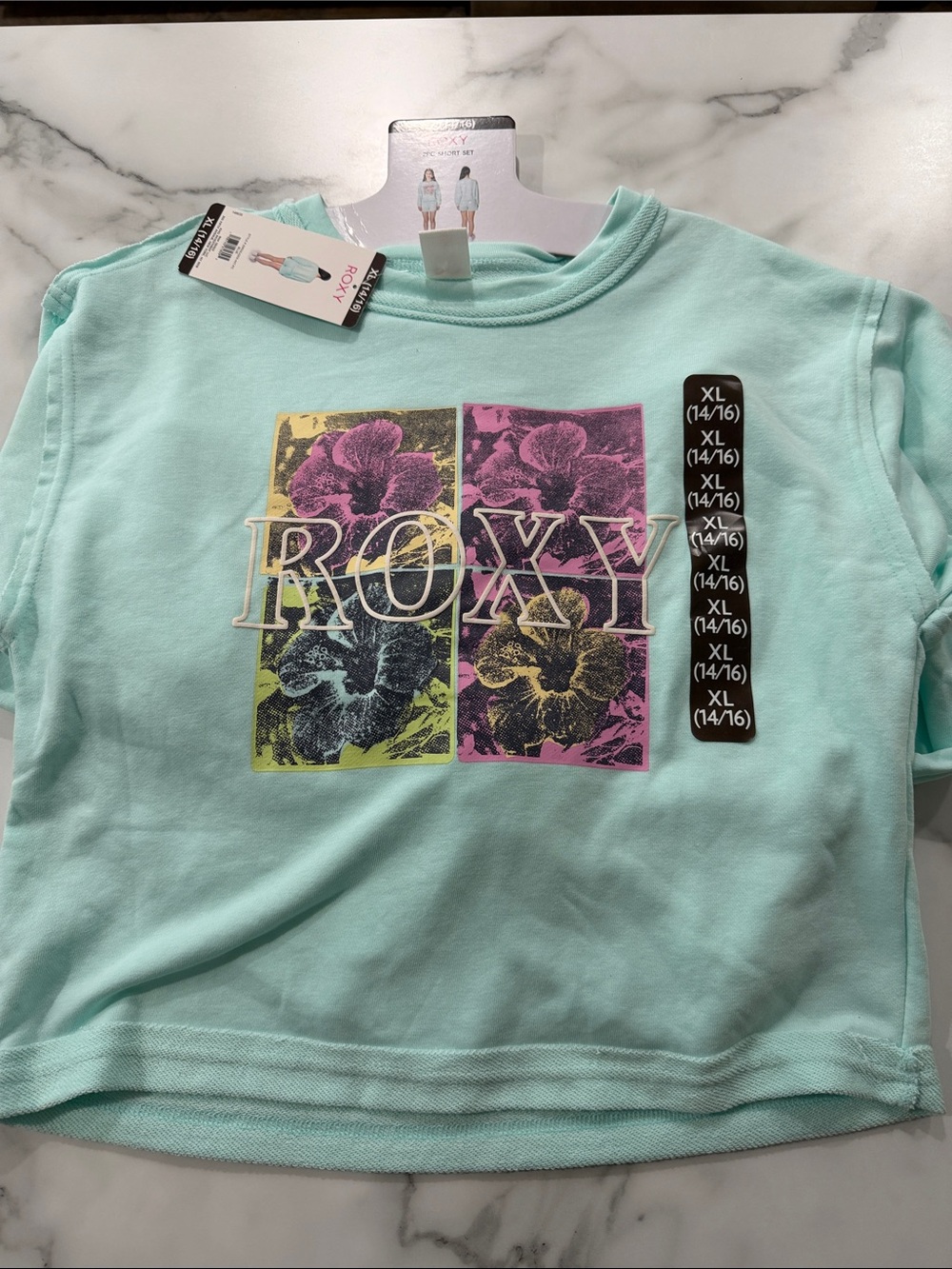 Roxy Girls Light Teal Floral 2pc set sweatshirt shorts